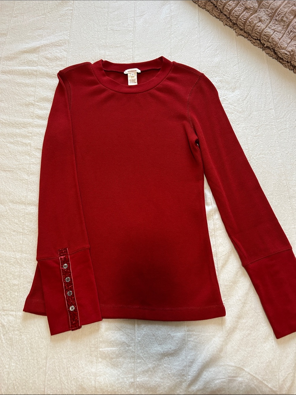 Sundance Red Ribbed Long Sleeve Top with Button Cuff